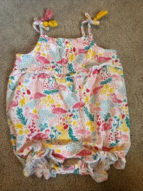 Mud Pie Pink Flamingo Print Baby One-Piece Romper with Yellow & Teal Accents